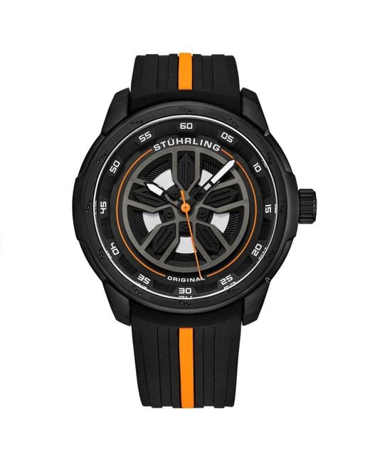 Stuhrling Black 984 Quartz 44mm Aviator Multi Layered Dial Silicone Strap Watch for men