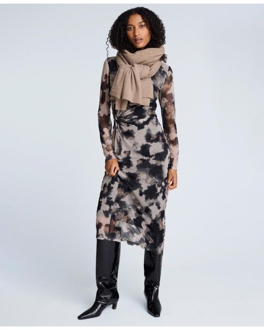 Kenneth Cole Black Printed Mesh Long-sleeve Knot Dress