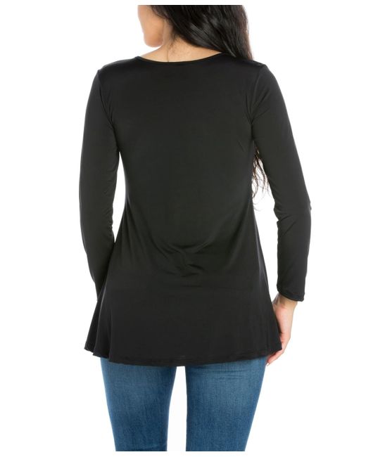 24seven Comfort Apparel Black Flared Long Sleeve Henley Tunic Top