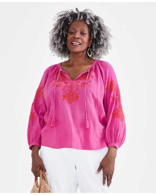 Style & Co. Pink Plus Size Embroidered Peasant Top