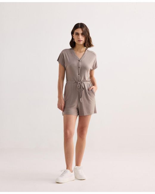 REISTOR Natural V Neck Drawstring Knit Romper