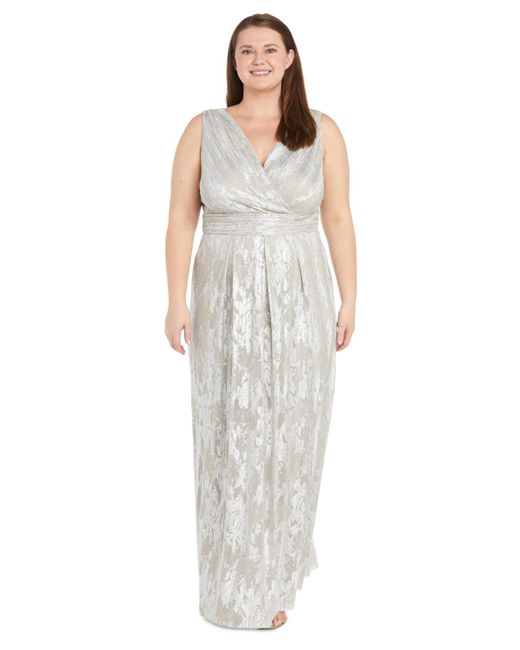 R & M Richards White Plus Size Jacquard Embellished Pleated Gown