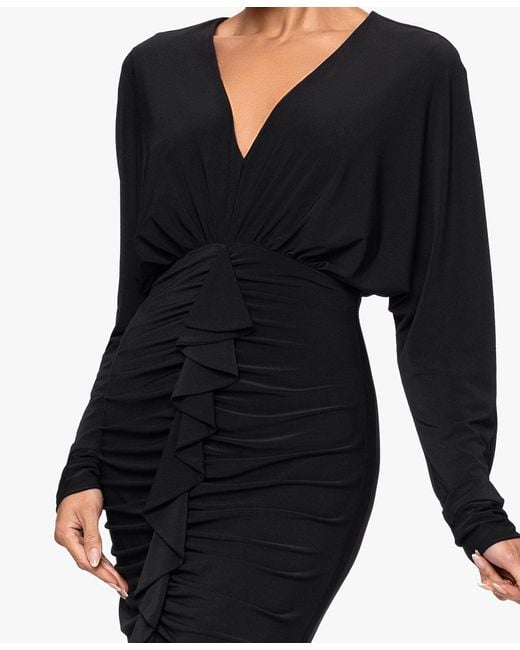 Xscape Women's Black V-neck Ruched Asymmetrical Hemline Long Dress Xscape Women's Black V-neck Ruched Asymmetrical Hemline Long Dress