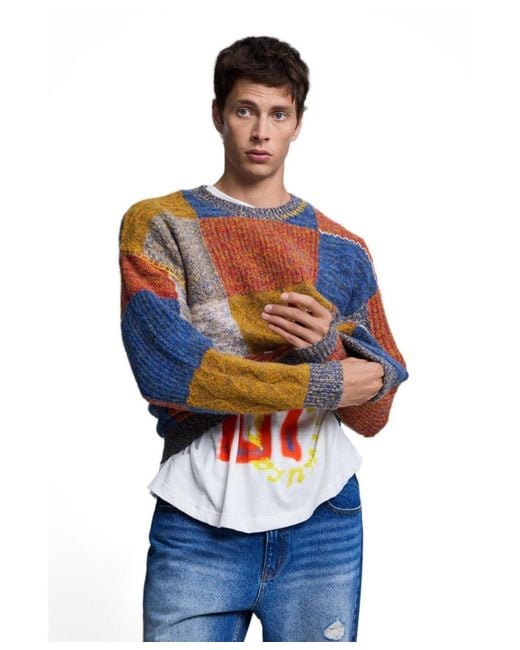 Desigual Blue Chunky-knit Patchwork Sweater for men