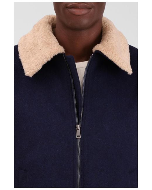Bagatelle Homme Blue Wool Blend Faux Fur Collared Bomber Jacket for men