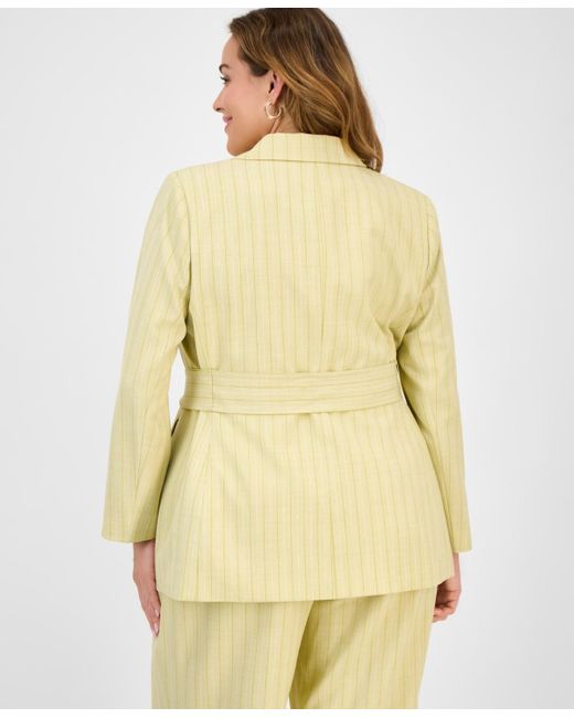 Tahari Natural Plus Size Pinstriped Notched Collar Belted Jacket
