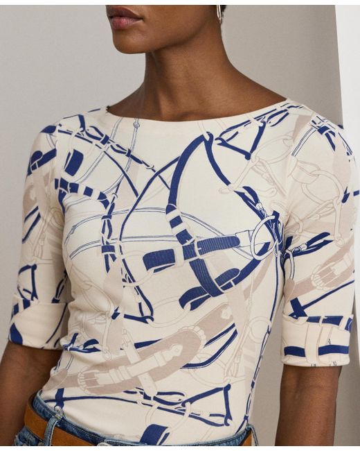 Ralph Lauren Blue Belting Print Cotton Boatneck Tee P Xs Xxl