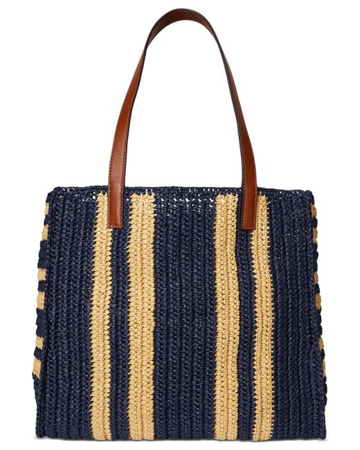 Ralph Lauren Blue Striped Woven Straw Extra Large Wilow Tote Bag