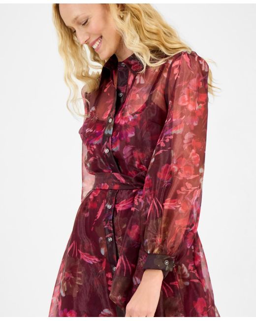 Julia Jordan Red Printed Button-front Long-sleeve Gown