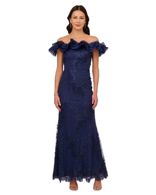 Adrianna Papell Blue Ruffled Off-the-shoulder Mermaid Gown
