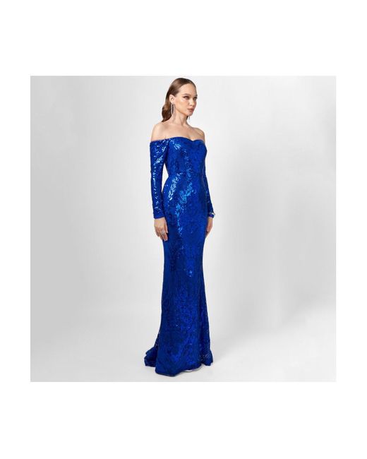 Bariano Blue Zoya Long Sleeve Sequin Gown