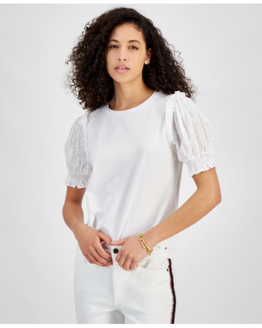 Tommy Hilfiger White Round-neck Contrast-sleeve Top