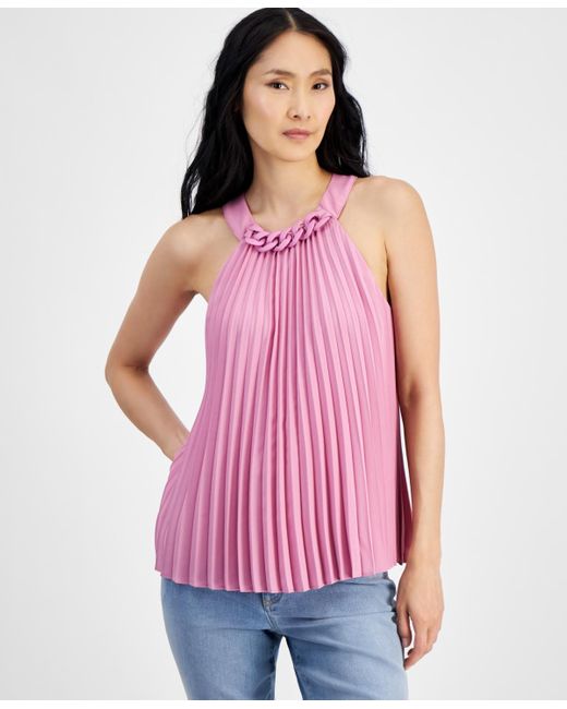 INC International Concepts Pink Pleated Chain-trim Top