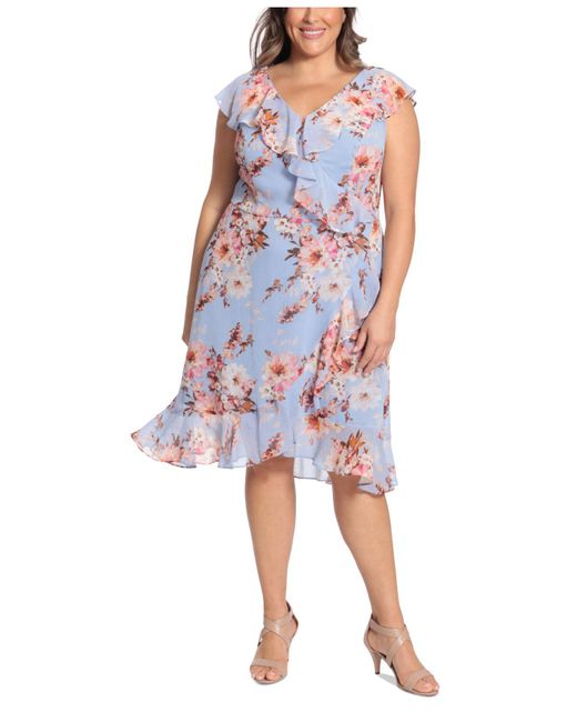 London Times Synthetic Plus Size Ruffled Floral-print Midi Dress in ...