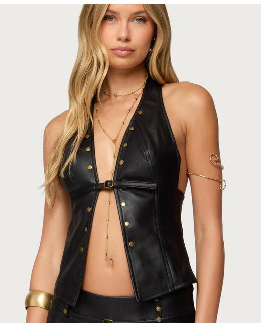 Edikted Black Reese Split Front Faux Leather Top