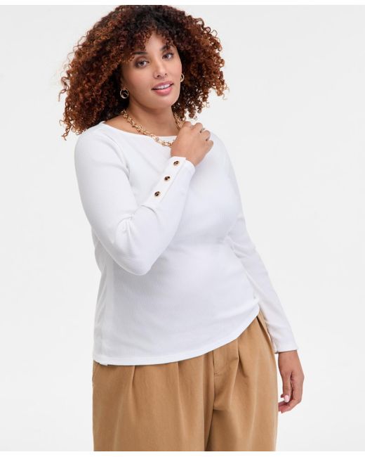 On 34th White Trendy Plus Size Button-cuff Boatneck Top