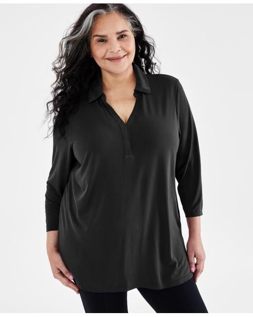 Style & Co. Black Plus Size Johnny-collar Knit Tunic Top