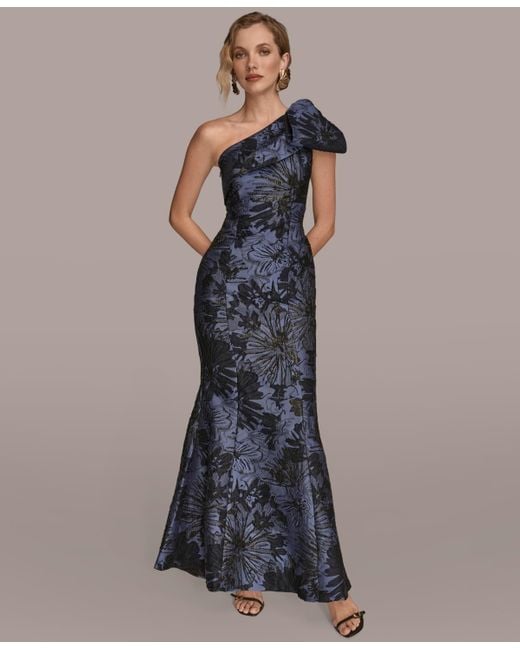 Donna Karan Blue Jacquard Bow-trim One-shoulder Gown