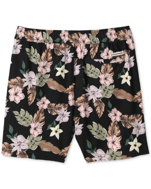 Scotch & Soda Black Nostalgia Floral-print Drawstring Swim Trunks for men