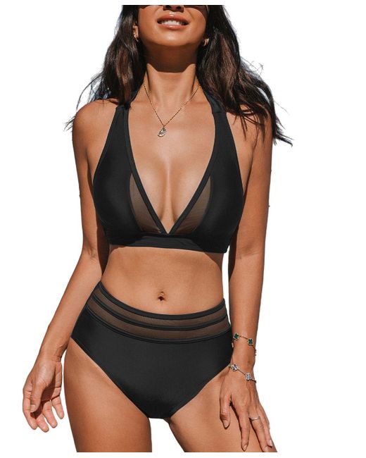 CUPSHE Black Halter V Neck Tie Back Mesh Panel Bikini Sets