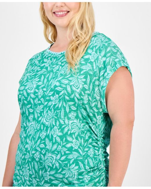 Democracy Green Trendy Plus Printed Side-shirred Cap-sleeve Top