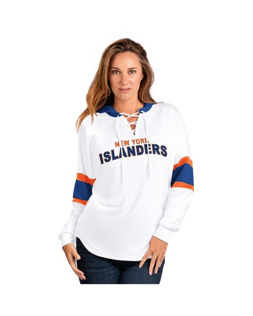 G-III 4Her by Carl Banks White New York Islanders Goal Zone Long Sleeve Lace-up Hoodie T-shirt
