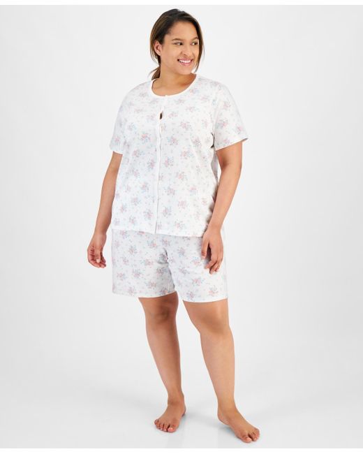 Charter Club White Plus Size Cotton Floral Bermuda Pajamas Set