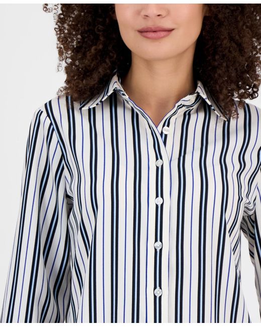 Anne Klein Blue Striped Slim-fit Utility Blouse