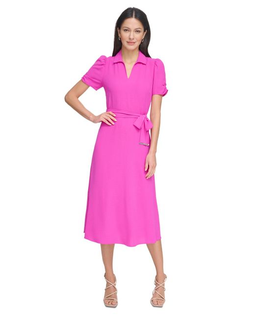 DKNY Pink Tie-waist Point Collar A-line Dress