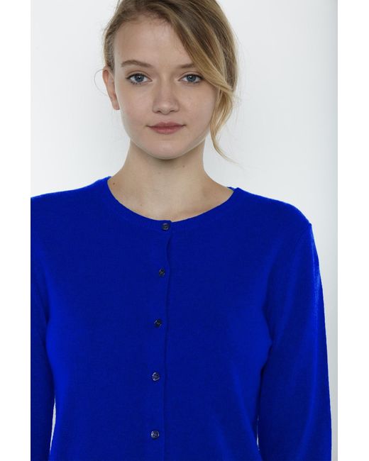 Jennie Liu Blue 100% Cashmere Button Front Long Sleeve Crewneck Cardigan Sweater
