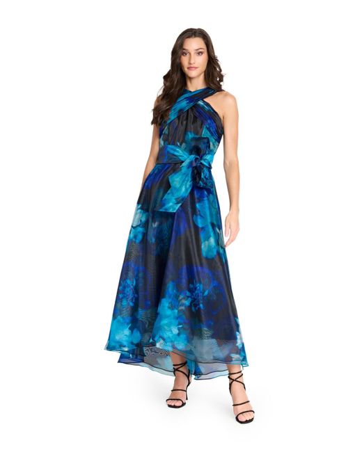 Tahari Blue Printed Organza Cross Neck Midi Dress