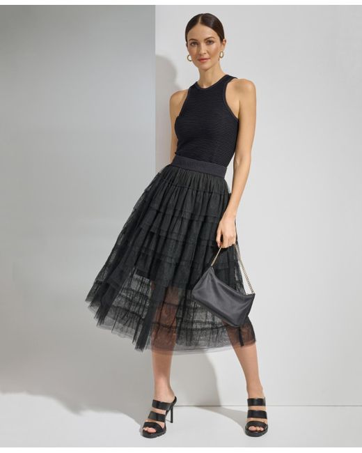 DKNY Black Tiered Tulle Midi Skirt