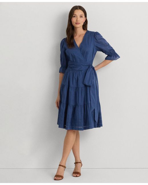 Lauren by Ralph Lauren Blue Tie-front Cotton Voile Surplice Dress