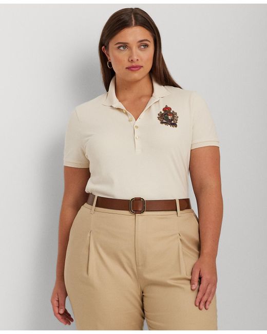 Lauren by Ralph Lauren Plus Size Beaded Crest Polo Shirt in Natural | Lyst