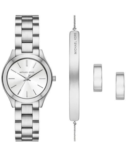 Michael Kors White  Slim Runway Three-hand Stainless Steel Watch And Jewelry Set