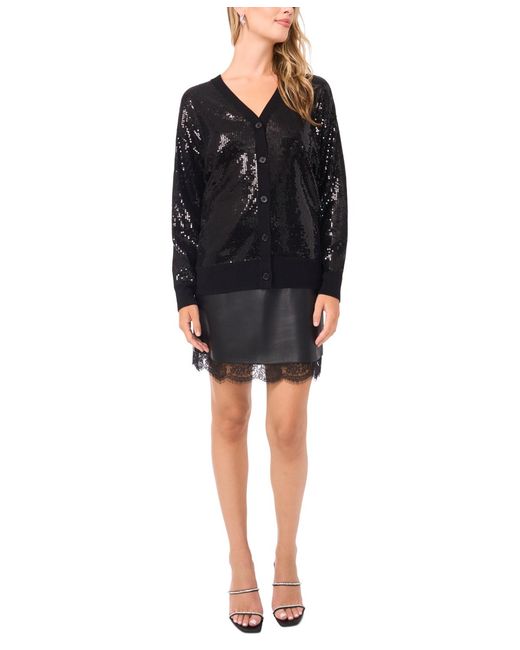 Vince Camuto Black Sequin Long Sleeves Cardigan Sweater