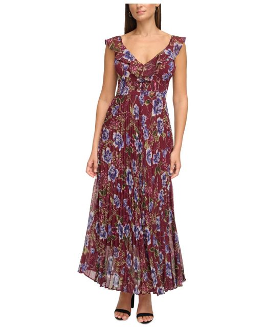 Guess Red Floral-print Pleated Ruffled Maxi Dress