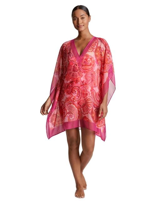 Ralph Lauren Red Printed Border-trim Poncho Cover-up