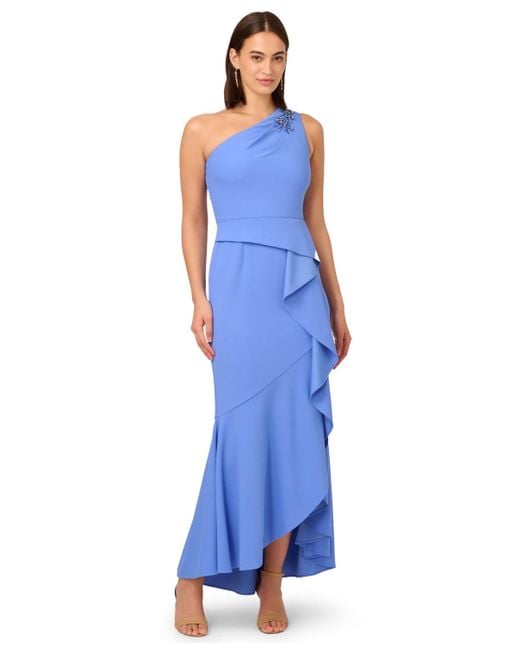 Adrianna Papell Blue Beaded One-shoulder Gown