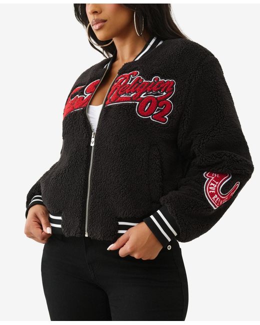 True Religion Black Varsity Chenille Bomber Jacket