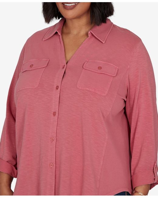 Ruby Rd Pink Plus Size Rib Trim Button Front Knit Top