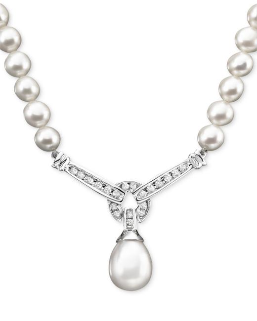Macy's Metallic 14k White Gold Necklace, Cultured Freshwater Pearl And Diamond (1/3 Ct. T.w.) Necklace