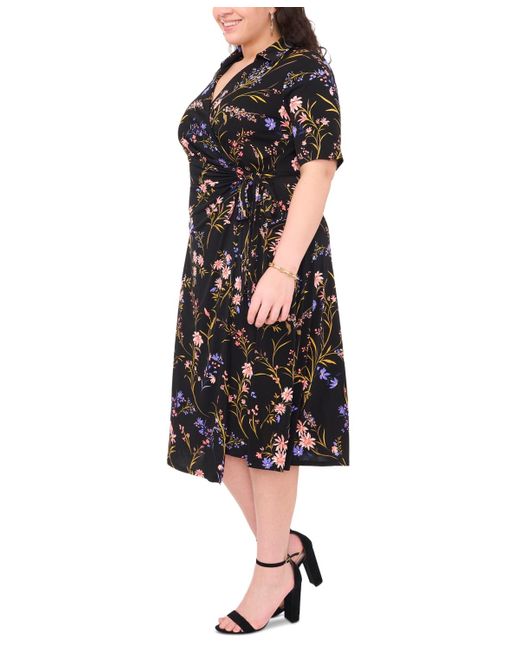 Msk Black Plus Size Floral-print Wrap Midi Dress