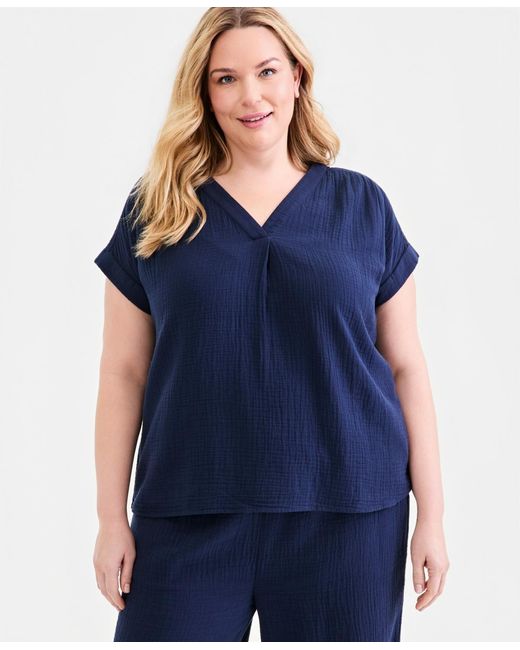 Style & Co. Blue Plus Size Solid V-neck Camp Shirt