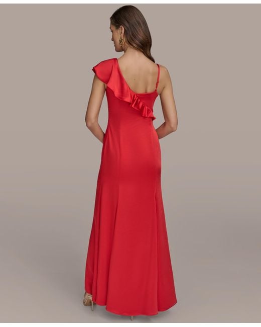 Donna Karan Red Ruffle-v-neck Sleeveless Gown