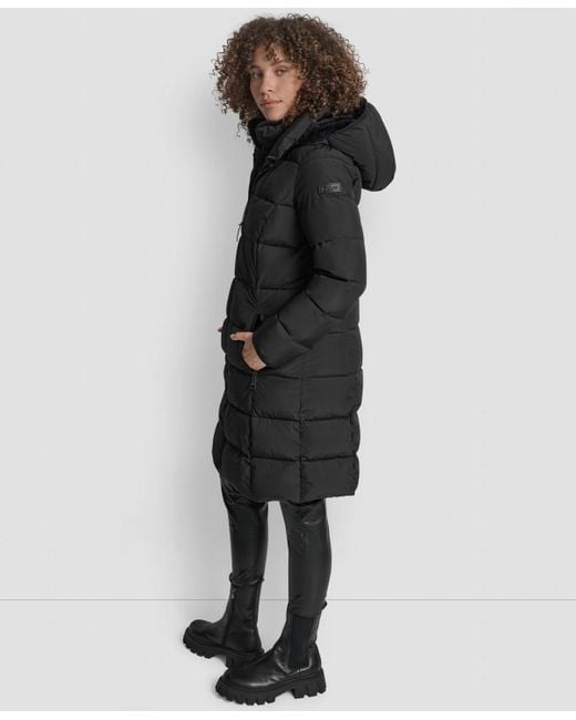 DKNY Black Bibbed Hooded Zip-front Puffer Coat