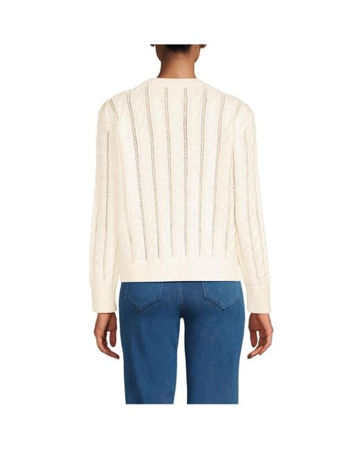 Lands' End White Drifter Cable Pointelle Stitch Sweater