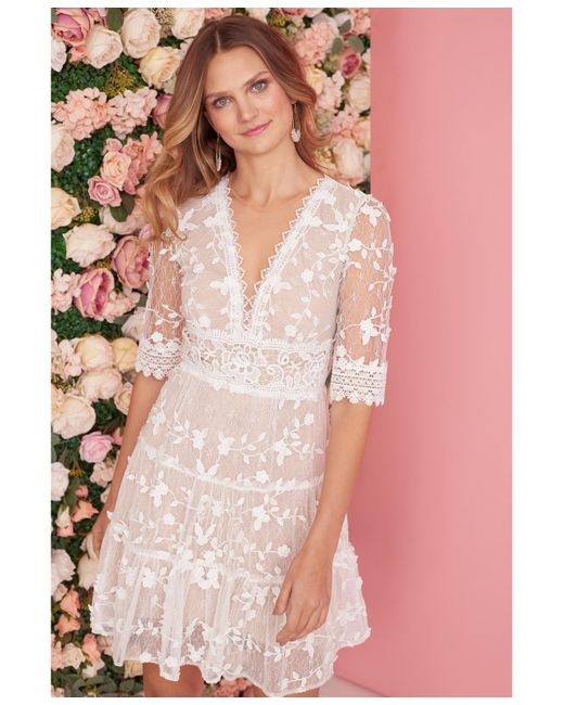 Adrianna Papell White V-neck Lace Embroidery Dress