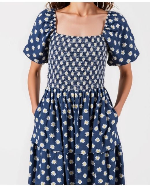 Modenaire Blue Smocked Puff-sleeve Tiered Midi Dress