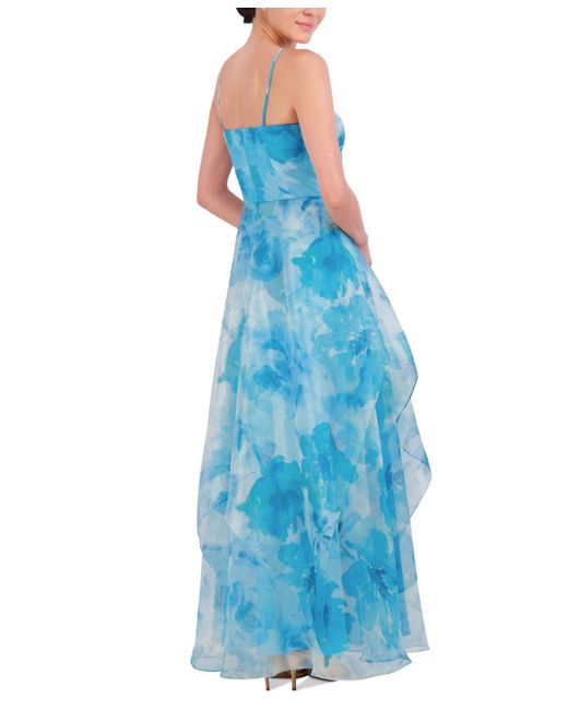 Eliza J Blue Printed Pleated Ruffled Gown